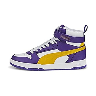 Chaussures Baskets Baskets à lacets Puma Basket \u00e0 lacet violet-jaune primev\u00e8re lettrage imprim\u00e9 
