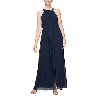 S.L. Fashions Womens Long Maxi Chiffon Gown with Jewel Halter Neck Dress, New Navy, 16