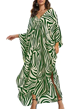 Bsubseach Blue Leaf Print Plus Size Bathing Suit Cover Up for Women Loose Kaftan  Dress Half Sleeve Long Caftan Dress at  Women's Clothing store