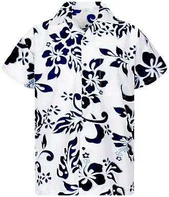 V.H.O. Funky - Camicia hawaiana da uomo, a maniche corte, tasca frontale, stampa hawaiana, fiori di ibisco, motivo floreale blu navy su bianco. XXXL