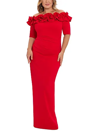  Xscape Women's Long One Shoulder Ruffle Scuba Crepe Dress  (Standard & Petite), Red : Clothing, Shoes & Jewelry