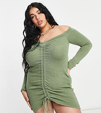 Fashionkilla knitted ruched detail off shoulder dress in stone-Neutral