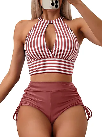 SOLY HUX Bikini Sets for Women Smocked Halter Triangle Tie Side Bikini  Bathing Suits 2 Piece Swimsuit