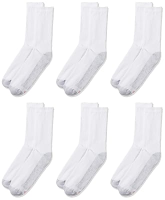 Hanes Mens 6 Pack Cushion Crew Socks, White, 2 Pack (12 Pairs), Size 6-12