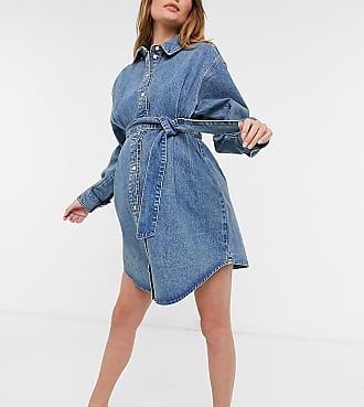 Asos Maternity ASOS DESIGN Maternity cotton blend denim oversized belted shirt dress in midwash - MBLUE