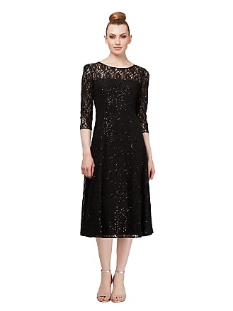 S.L. Fashions Womens Midi Length Sequin Fit and Flare Dress (Missy Petite), Lace Black, 12P
