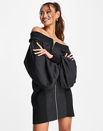 Asos off shoulder utility dress with ribbed panels in washed black-Grey