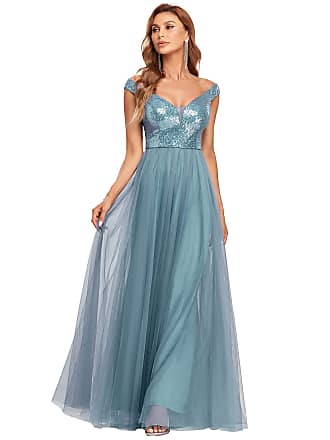 Ever-pretty Womens Long Sequin Plus Size A-line Tulle Wedding Party Dress Long Demin Blue US26