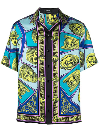 VERSACE Logomania Twill Allover Silk Shirt Blue - Clothing from