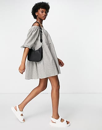 Asos off shoulder tiered mini dress with tie sleeves in khaki gingham-Multi