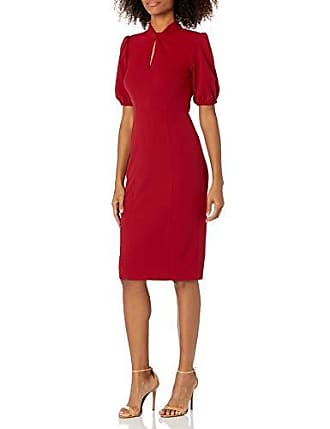 Donna Morgan Womens Stretch Crepe Twist Neck Puff Sleeve Sheath, Red Velvet, 8