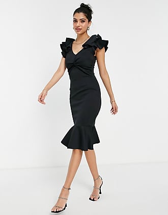 Lipsy ruffle scuba body-conscious midi dress in black