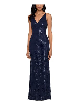 Xscape Womens Sequined Fringe Evening Dress Navy 8