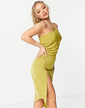 NA-KD one shoulder waist detail midi dress in olive green