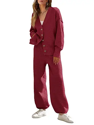 Women 2 Piece Outfits Knit Lounge Sets Long Sleeve Pajama Set Side Slit  Crew Neck Pullover Top & Flare Pant Comfy Lounge Wear