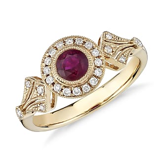 Blue Nile Ruby and Diamond Halo Vintage-Inspired Milgrain Ring in 14k Yellow Gold (4mm)