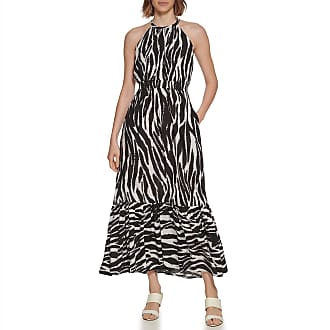 Calvin Klein Womens Sleeveless Dress with Side Pleated Ruffle, Black/White, 14