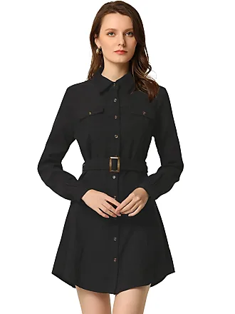 Allegra K Women's Work Shirt Belted Long Sleeve Pleated Midi Dress X-Small  Black at  Women's Clothing store