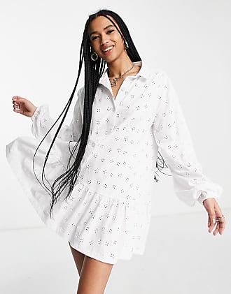 Asos broderie long sleeve mini shirt dress in white