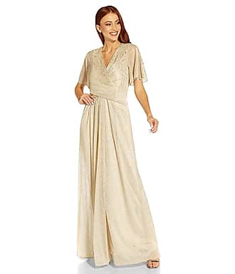 Adrianna Papell Metallic Mesh Draped Gown with Flutter Sleeves