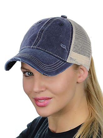 C.C Ponycap Messy High Bun Ponytail Adjustable Mesh Trucker Baseball Cap Hat, Washed Navy