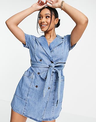 Asos soft denim double breasted shirt dress in mid wash blue