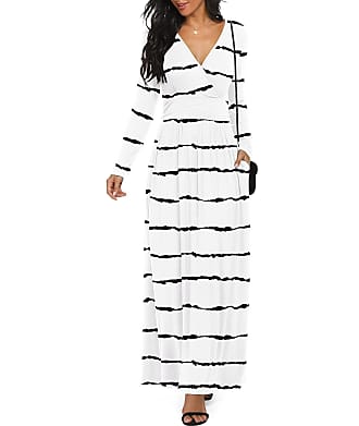 Lilbetter Women Long Sleeve Deep V Neck Loose Plain Long Maxi Casual Dress(F White Stripe,X-Large)