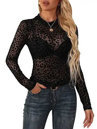 Floerns Women's Mock Neck Long Sleeve See Though Sheer Mesh Tops Tee Shirt  Black-3 XS at  Women's Clothing store