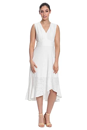 London Times Womens Sleeveless V-Neck Hi-Low Fit and Flare Dress, White, 10