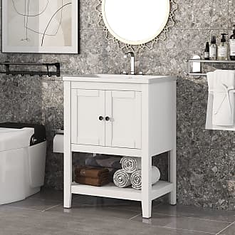 Merax 36 Bathroom Vanity with Ceramic Basin, Bathroom Storage Cabinet with  Two Doors and Drawers, Solid Frame, Metal Handles, White