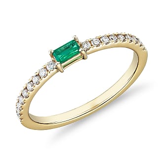 Blue Nile Baguette Emerald and Diamond Pave Stacking Ring in 14k Yellow Gold (3.5x2mm)