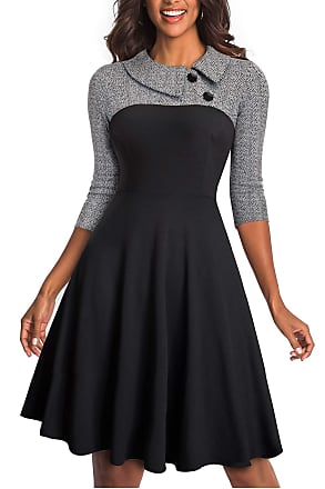 Homeyee Womens Vintage Lapel Colorblock Houndstooth Patchwork Swing Business Dress A121 (UK 14 = Size XL, Grey Fabric B)