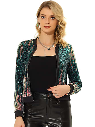 Allegra K Women's Sequin Sparkle Long Sleeve Zipper Bomber Jacket Lake Blue  Small