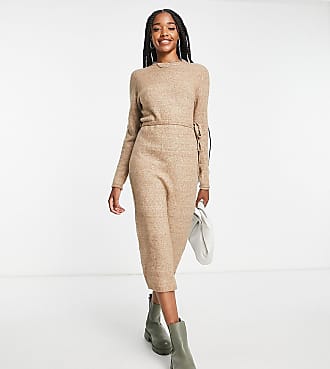 Asos Tall ASOS DESIGN Tall knitted midi dress with tie waist in taupe-Neutral