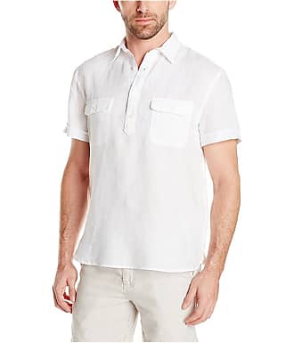 Perry Ellis Mens Short Sleeve Solid Linen Popover Shirt, Bright White, Small