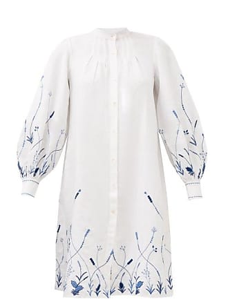 Thierry Colson Yseult Floral-embroidered Linen Shirt Dress - Womens - Blue White