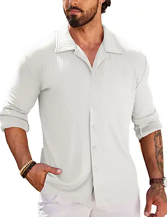 COOFANDY Men's Linen Cotton Casual Button up Shirts Slim Fit Free Wrinkle  Untuckit Shirts White