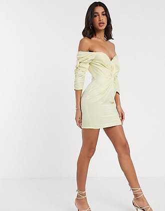 Asos structured off shoulder twist detail mini dress with button detail-Yellow