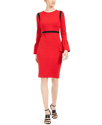 Calvin Klein Womens Red Striped Bell Sleeve Jewel Neck Knee Length Evening Sheath Dress 4