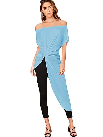 Shein Womens Elegant Asymmetrical Twist Front Off Shoulder Top Plain High Low Blouse Baby Blue X-Large