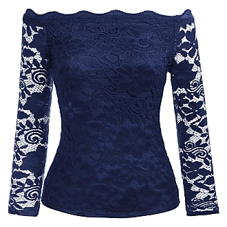 Kate Kasin Women Long Sleeve Blouses Floral Lace Sheer Long Sleeve Tops Navy Blue M