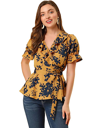 Sttech1 Women Summer Tie Sleeve Tied Front Wrap V Neck Floral Print Blouses Tops Shirts S-2XL 