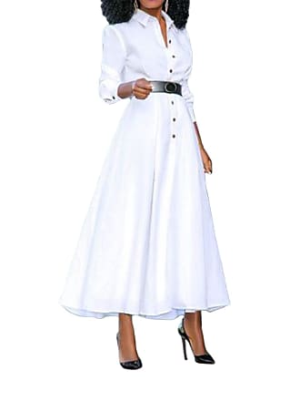 Vonda Women Lapel Dress Long Sleeve Button Down Maxi Shirt Dress High Waist Split Dresses White XX-Large