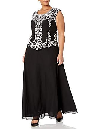 J Kara Womens Plus Size Cap Sleeve Long Beaded Dress, Black/White/Silver, 16 Plus