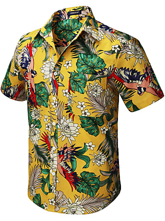Hisdern Uomo Funky Hawaiana Floral Bird Camicie Manica Corta Tasca Frontale Vacanze estive Aloha Stampata Beach Casual Yellow Hawaii Shirt