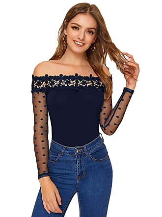 Floerns Womens Long Sleeve Off Shoulder Lace Contrast Blouse Tops Navy S