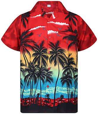 V.H.O. camicia hawaiana eccentrica, da uomo, a maniche corte, con taschino frontale, stampa hawaiana, palme e mare Beach rosso XXL