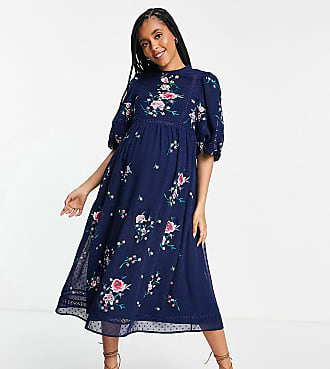 Asos Maternity ASOS DESIGN Maternity high neck textured embroidered midi dress with lace trims in navy