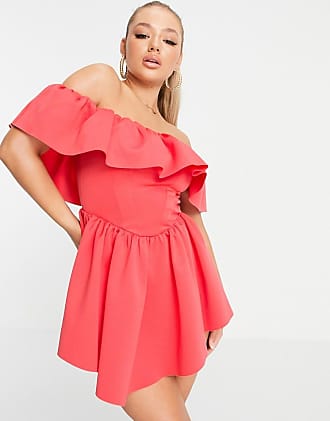 Asos off shoulder corset ruffle skater mini dress in coral-Pink