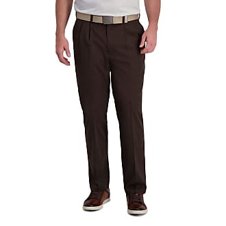 Haggar Mens Cool Right Performance Flex Solid Classic Fit Pleat Front Pant Casual, Brown Heather, 34W x 30L